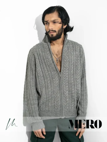 Full zip Jacquard sweater Grey